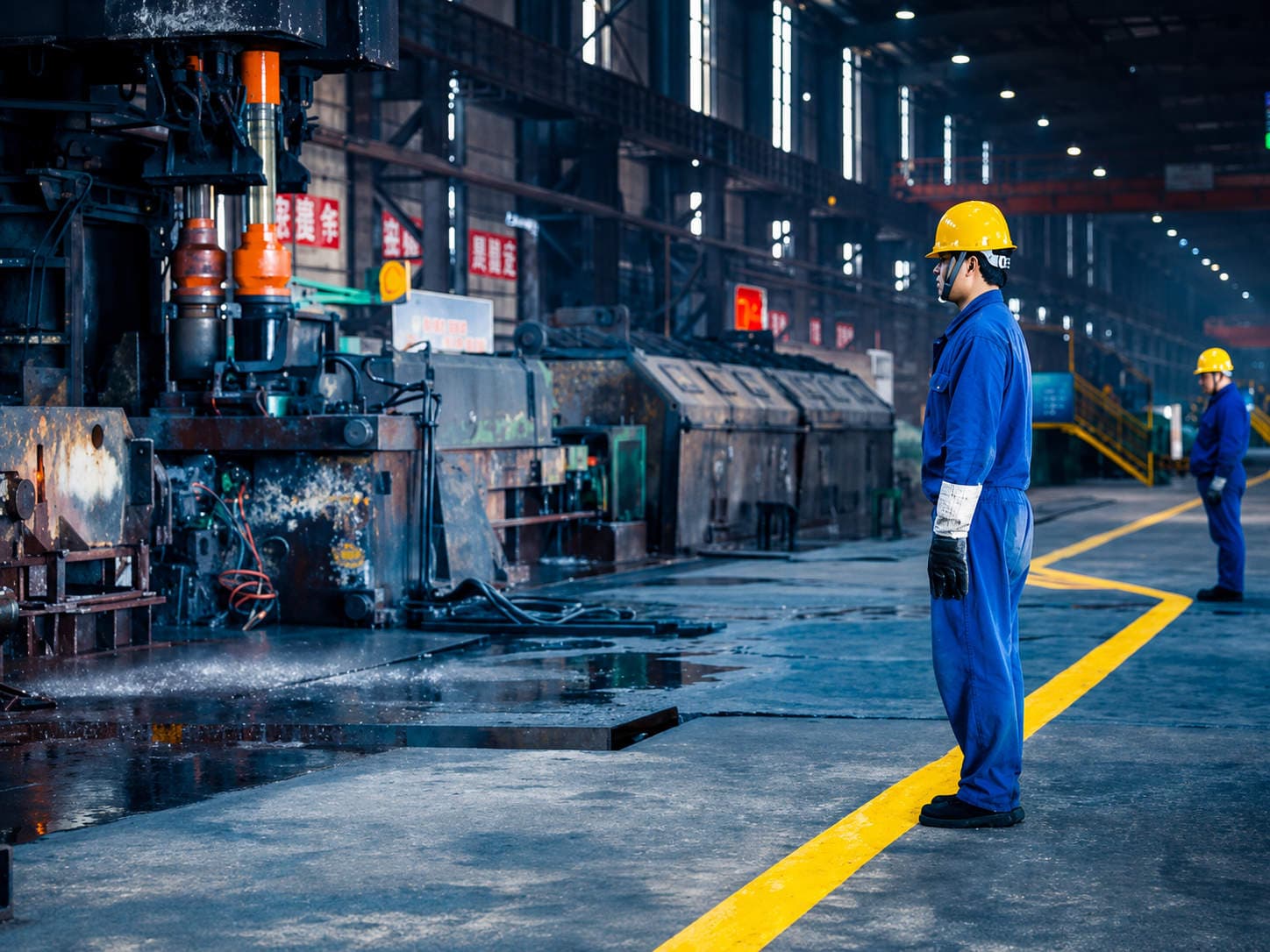 Técnico industrial con casco de seguridad en una planta de manufactura